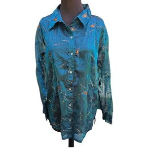 Chico's Teal Blue Metallic Sheer Blouse Top Geometric Embroidered Size L Artsy